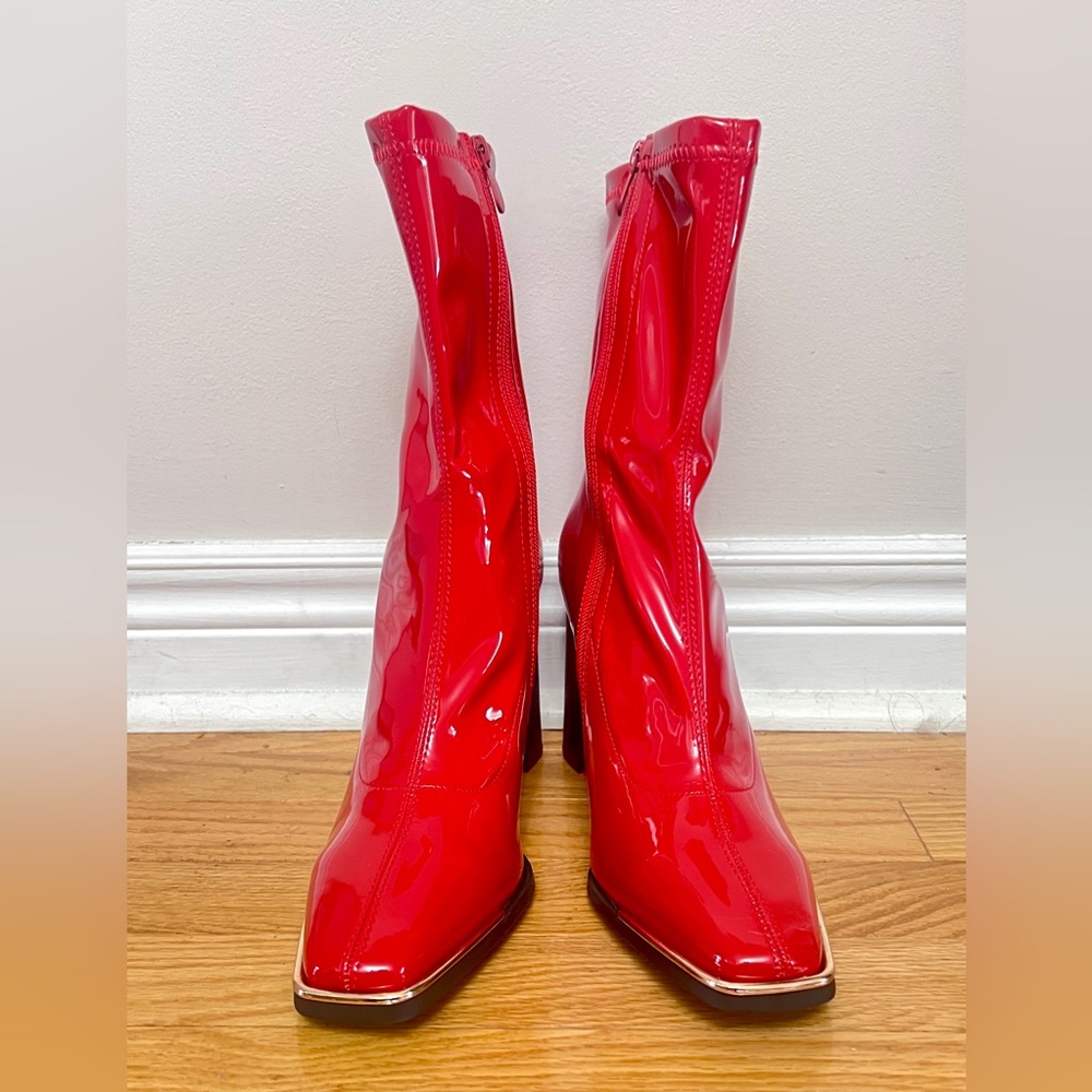 DREAM PAIRS Square Toe Mid-Calf Boots - Chunky Heel | Red Patent